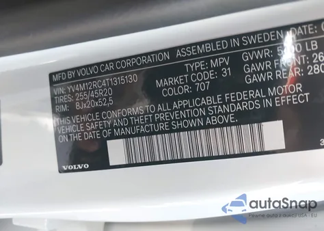 2026 Volvo Xc60 B5 Plus z USA, uszkodzony, nr VIN YV4M12RC4T1315130